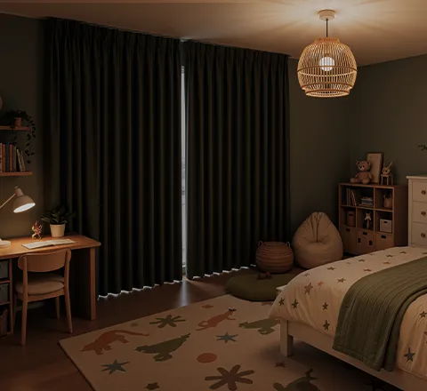 Blackout curtains in a kids room