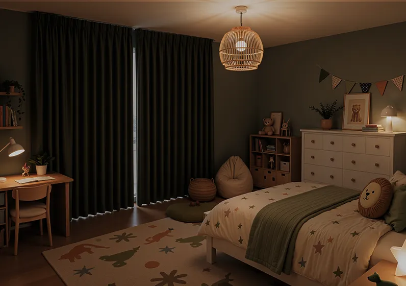 Blackout curtains in a kids room